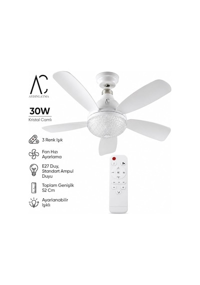 30w Kristal Camlı Tavan Vantilatörü E27 Duy Kumandalı 3 Renk Ayarlanabilir Led 52 Cm Beyaz