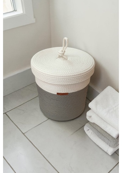 El Yapımı Dekoratif Örgülü Model 5'li Banyo Seti 2 Li Paspas 50x80 Cm Ve 40x60 Cm + Sepetler 18x18 Cm & Çamaşır Sepeti 35x33 Cm Gri