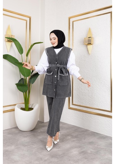 Harman Butik Kadın Boncuk İşlemeli Kuşaklı Yelek-pantolon 2li Takım Siyah Siyah