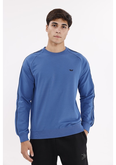Rowinger Çift Şeritli Raglan Kol Minimal Logolu Bisiklet Yaka Sweatshirt İndigo