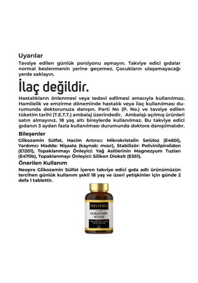Neopro Glikozamin Sülfat 1500 Mg 60 Tablet Takviye Edici Gıda