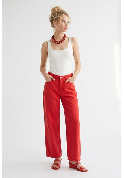 Mixray 2128 Kadın İnce Mevsimlik Yüksek Bel Wide Leg Denim Pantolon Kırmızı
