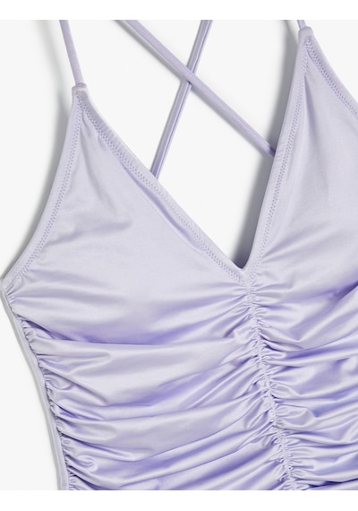 Koton Drape Detaylı Mayo V Yaka İnce Askılı Lila 4sak20090mm Lila