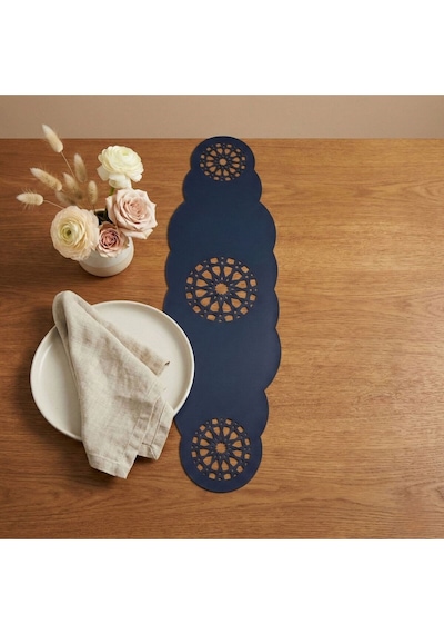 1 Adet Deri Runner-40x140 Cm-yıldız Desenli Runner Lacivert