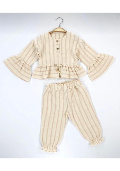 Babyhola Kız Bebek Çocuk Bayramlık Takım Volan Kollu Simli Müslin 2011 Somon
