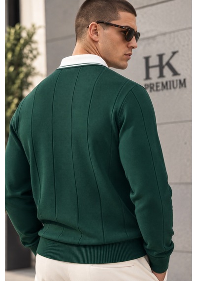 Hk Premium Erkek Polo Yaka Kontrast Çizgili Fitilli Triko Kazak Uzun Kollu, Dokulu Örme Kazak Yeşil Hk Premium Erkek Polo Yaka Kontrast Çizgili Fitilli Triko Kazak Uzun Kollu, Dokulu Örme Kazak Yeşil