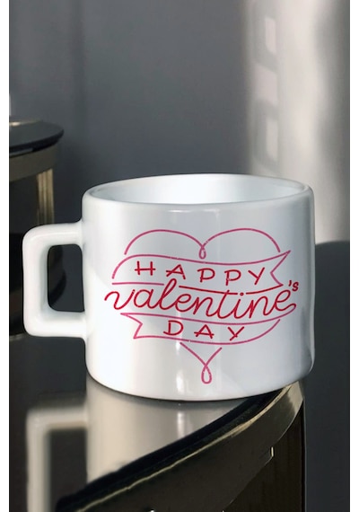 Sevgililer Gününe Özel Sevgiliye Hediye Happy Valetines Day Baskılı Çay Kahve Fincanı Beyaz
