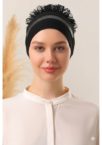 Melodi Scarf Çift Silikonlu Kaymayan Kaymaz Fırfırlı Bone - Eşarp Şal Başörtü Kaydırmayan Kaymaz Bantlı Bone Siyah