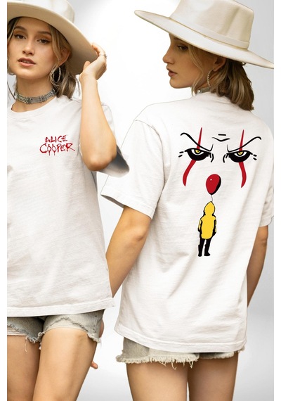 Pennywise Vs Georgie Korku Filmi Beyaz Oversize Unisex Ön Ve Sırt Baskılı Tişört Beyaz