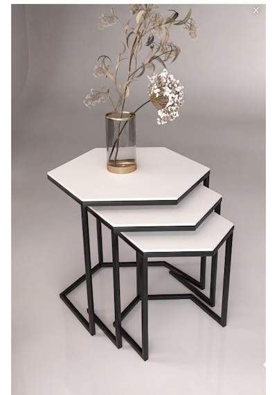 Usta Altıgen Siyah Metal Mdf Tablalı 3lü Zigon Sehpa Beyaz
