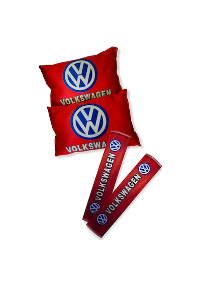 Volkswagen Dijital Baskılı Kırmızı Araç Seyahat Boyun Yastık 2'li Set Volkswagen Emniyet Kemer Ped Kırmızı