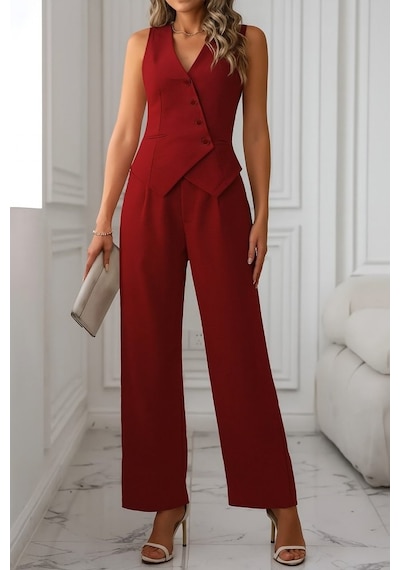 Alyn Wear Kadın Sıfır Kollu Çapraz V Yakalı Önden Düğmeli Atlas Yelek Ve Pantolon Ikili Takım Kırmızı Alyn Wear Kadın Sıfır Kollu Çapraz V Yakalı Önden Düğmeli Atlas Yelek Ve Pantolon Ikili Takım Kırmızı