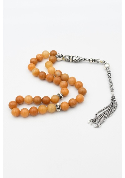 33'lük Doğal Carnelian Taşlı Tesbih 925 Ayar Gümüş Püsküllü 10mm Küre Kesim