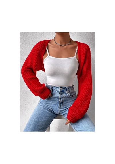 Moibody Triko Örgü Reglan Kol Bolero Hırka Kore Tarzı 4 Mevsim Kırmızı Kırmızı