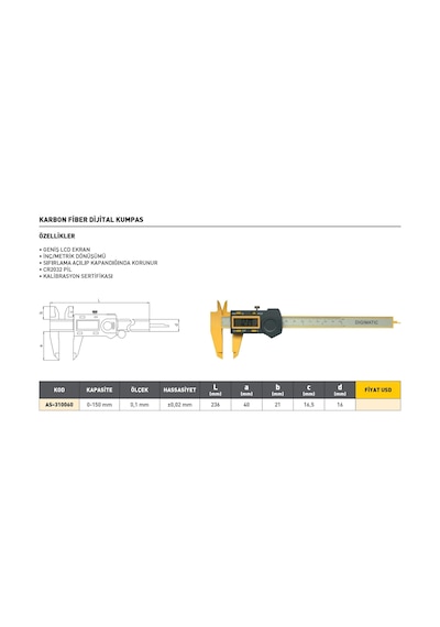 Fett 0-150mm Asimeto Karbon Fiber Dijital Kumpası As-310060