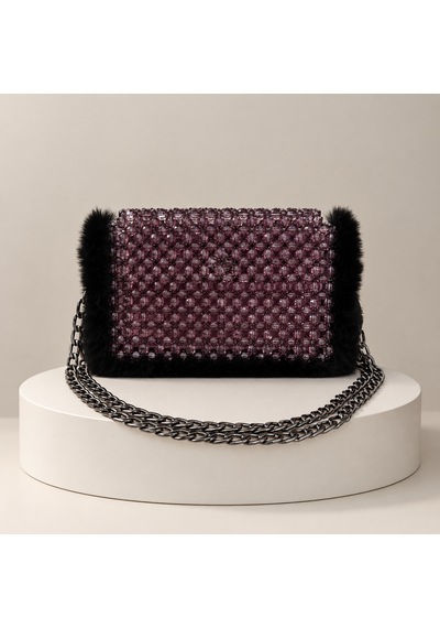 Luti Design Noir Elegance Siyah Tüylü Boncuk Çanta Siyah - Mor