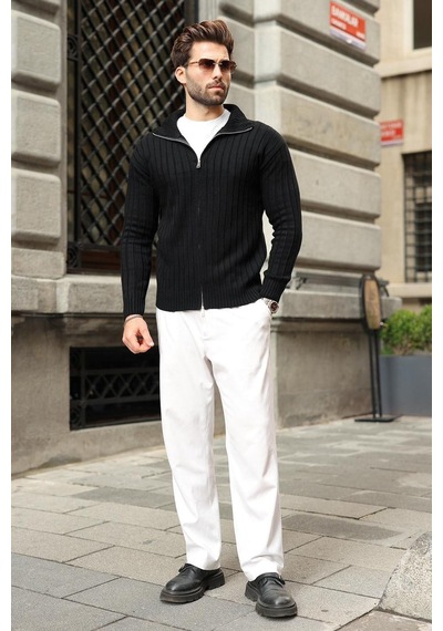 Madmext Siyah Çift Fermuarlı Slim Fit Çizgili Erkek Triko Hırka E7522