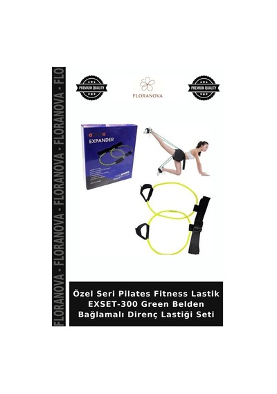 Özel Seri Pilates Fitness Lastik Exset-300 Green Belden Bağlamalı Direnç Lastiği Seti Yeşil
