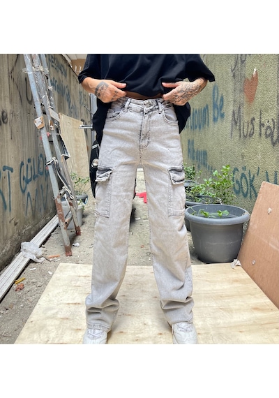 Kadın Gri Kargo Cepli Palazzo Jeans Gri