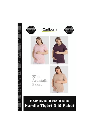 Carlburn Özel Üretim Pamuklu Kısa Kollu Hamile Tişört 3'lü Paket Günlük Pratik Aktivite Pembe Mürdüm Bej