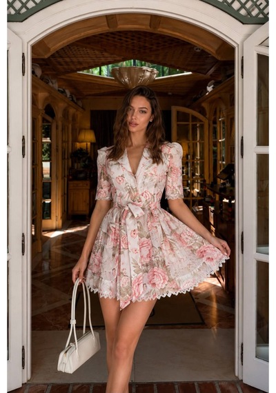 Wellway Keten Kumaş Model Düğme Detaylı Elbise-kemer Dahil -pembe-3106 Pembe