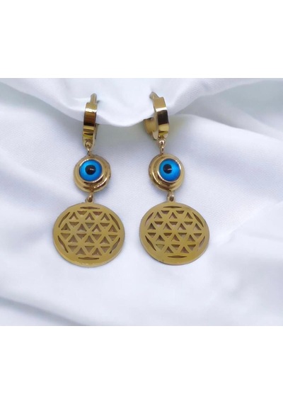 Çelik Lotus Model Nazar Boncuk Detaylı Gold Renk Küpe Gold - 645110828 Gold