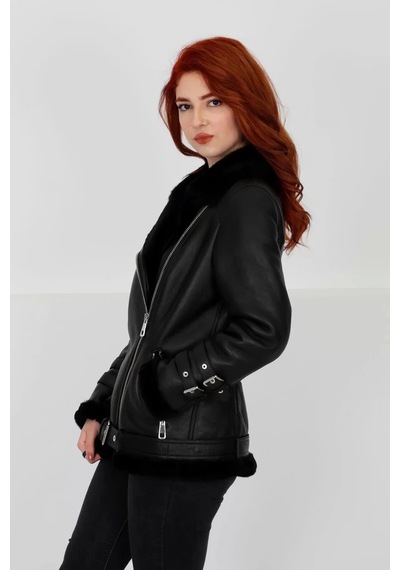 M M Marki Marki Siyah Hakiki Deri Kaban, Içi Kürklü, Kemerli Detaylar, Chic Elegance - 70 Cm - 102622