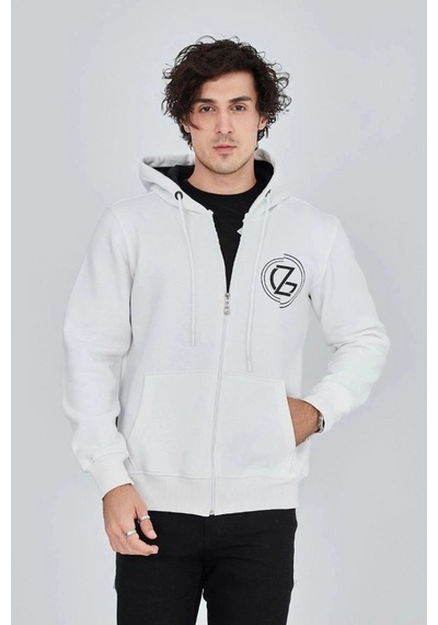 Freedom Storee Erkek 3 İplik Pamuklu Fermuarlı Kapüşonlu Kanguru Cepli Baskılı Hoodie Hırka Sweatshirt - Beyaz Çok Renkli