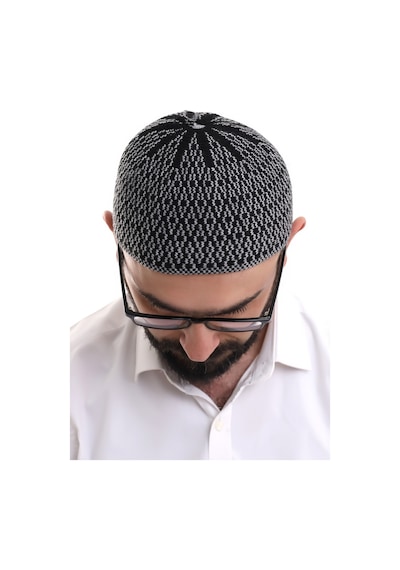 Gri Orlon Kışlık Namaz Takkesi Baklava Desenli Takke