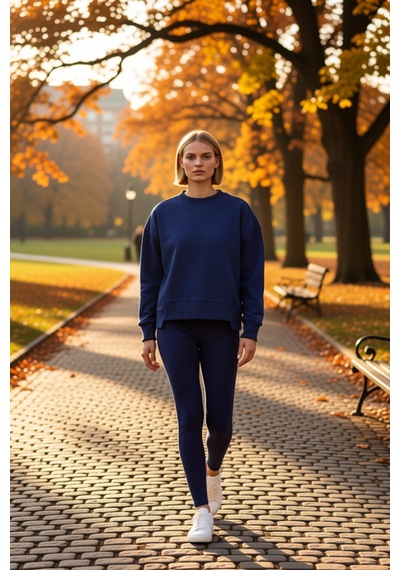 Benerly Kadın Bisiklet Yaka Düşük Kol %100 Pamuk Sweatshirt Fonksiyonel D Lacivert