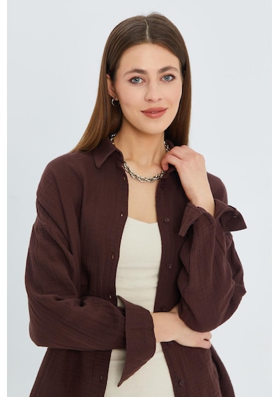 Mixray 3833 Kadın Oversize Cepli Müslin Gömlek Kahve