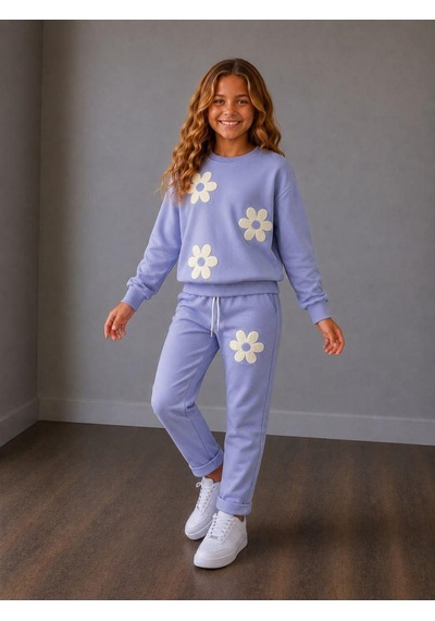 Papatya Desenli Kız Çocuk Sweatshirt Ve Eşofman Altı 2'li Takım 2iplik Süper Kalite Mor - Lila