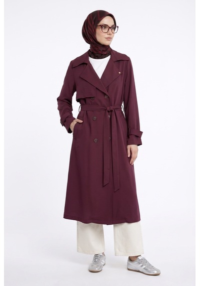 Armine Trend Belden Kuşaklı Aller Detaylı Tencel Kumaş Trençkot Bordo 26ytd714