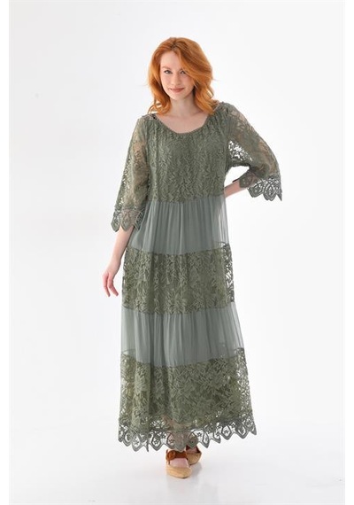 Eren Style İtalyan Sunshine İpek Detaylı Dantelli Elbise-9033 Haki