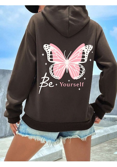 Uyguntarz Unisex Be Your Self Baskılı Tasarım Oversize Sweatshirt Kahverengi