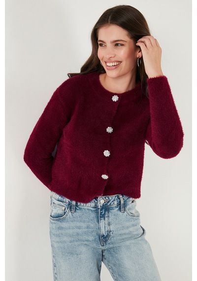 Lela Fitted Fit Bisiklet Yaka Yumuşak Dokulu Crop Bayan Hırka 4615559 Bordo