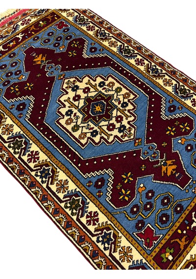 El Dokuma Koleksiyonluk Sıfır Yahyalı Halısı 93x157 Mavi Kırmızı Kök Boya %100 Yün Halı