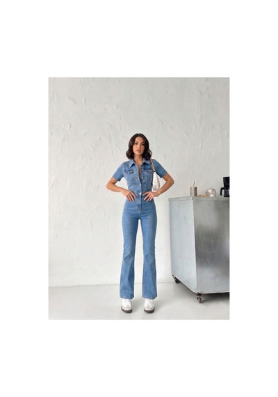 Kene Jeans Kısa Kol Buz Kar Likralı Denim İspanyol Paça Tulum Buz Kar