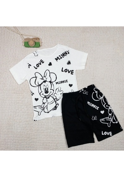 Momikon Kız Çocuk Minnie Mouse Baskılı Pamuklu Yazlık Takım Beyaz