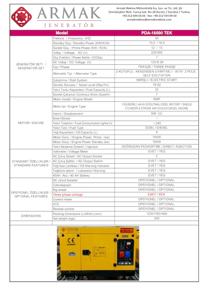 Armak PDA-16500 TEK 16.5KVA Dizel Trifaze Kabinli Portatif Jeneratör