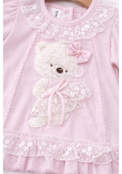 Kardeşler Bebe Dantelli Ayıcıklı Kız Bebek Elbise Takım Saç Bantlı 3 Lü Set Pembe