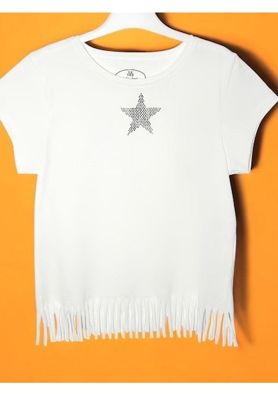Escabel Kız Çocuk Pamuklu Taşlı Yıldız T-shirt-15713 Ekru