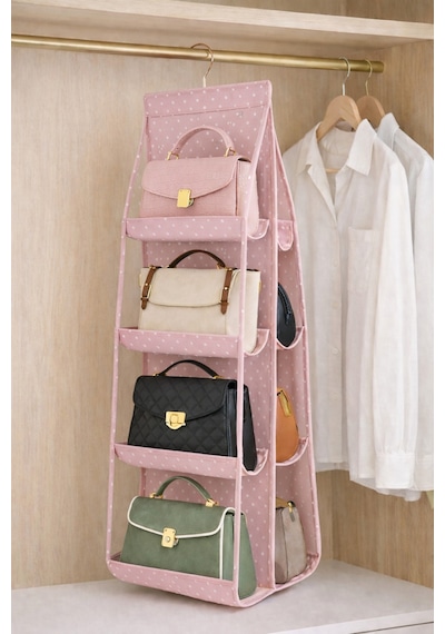 Serstil 8 Bölmeli Askılı Dolap İçi Çanta Düzenleyici Organizer Ayakkabı Saklama 110x37 Cm - Pembe Benekli Pembe Puantiye