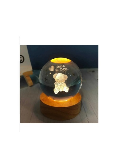 3d Kristal Cam Küre Ahşap Kaideli Gece Lambası - Ayıcık