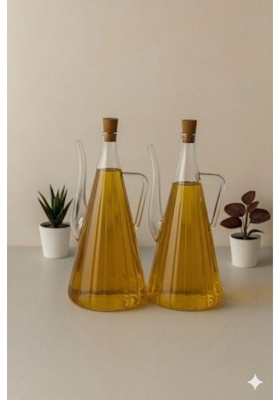 Qerhome Borosilikat Cam 2'li Glazzy Çizgili Tasarım Yağlık & Sosluk 750 Ml Stantsız Şeffaf