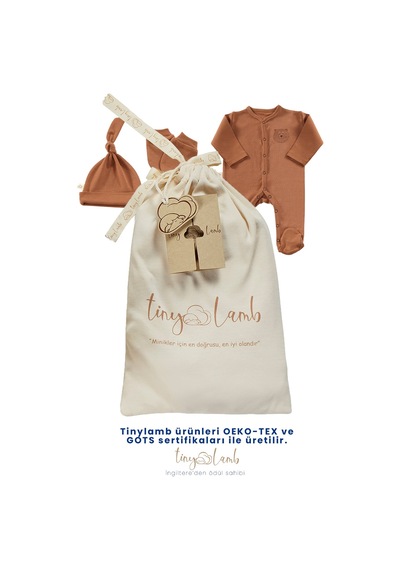 Tinylamb Honey Bear Unisex 3 Parça Hastane Çıkışı Takımı Organik Pamuk Yenidoğan Set Kiremit