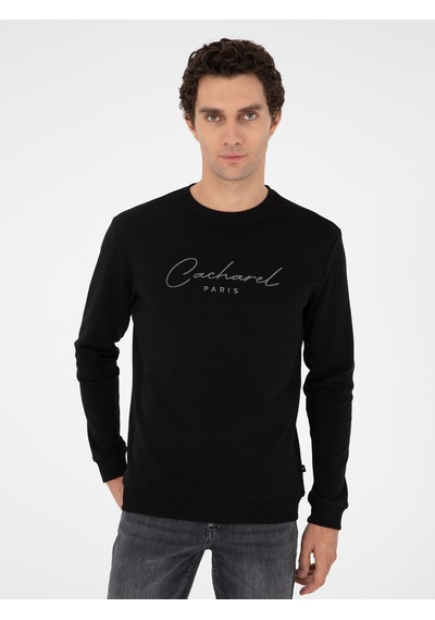 Siyah Regular Fit Bisiklet Yaka Pamuklu Sweatshirt