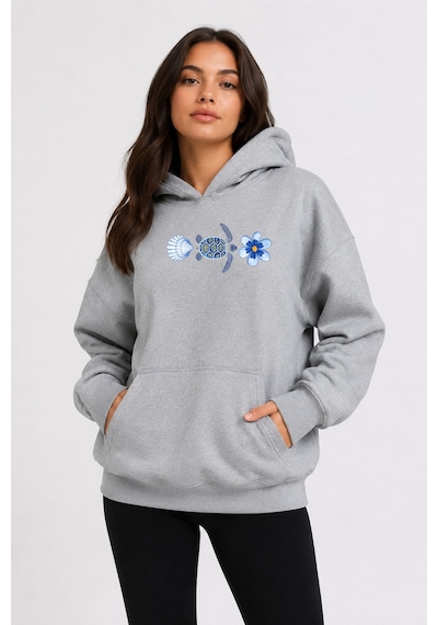 Herkesemoda Deniz Temalı Kaplumbağa Baskılı Kapüşonlu 2 İplik Şardonlu Sweatshirt Gri