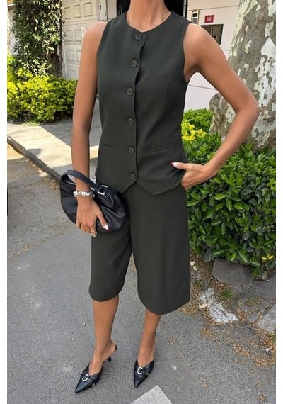 Moderie Butik Midi Şortlu Ve Yelekli Viscon Takım 10167 Çağla