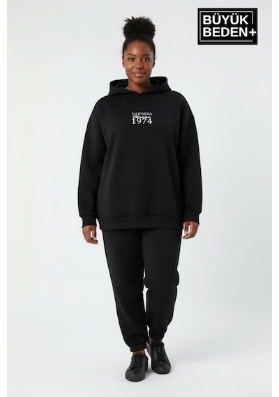 Süperlife Kadın Büyük Beden California 1974 Baskılı Kapüşonlu İnce Sweat Rahat Kalıp Hoodie Spr26bswk965 Siyah